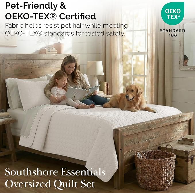 Southshore Fine Living, Inc. Twin XL Quilt Bedding Set, College Dorm Bedding Essentials, Stain Resistant, Microfiber Quilt, Twin XL Bedspread with Pillow Sham, Lightweight Bedspread, Bone Color