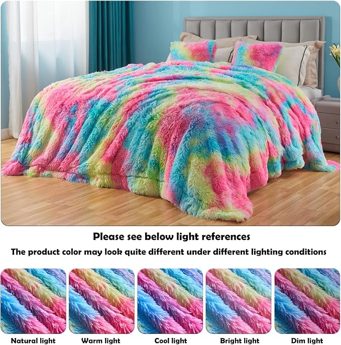 GONAAP Fuzzy Faux Fur Twin Blanket for Couch, Dark Rainbow, 60"x80" | Warm Cozy Plush Shaggy Decorative Reversible Thick Non-Heated Fleece Blanket for Sofa Bed, Gift for Women Men, All Season Use