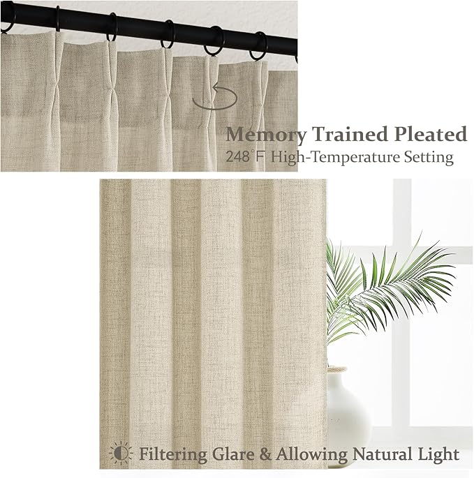 Warm Beige Flax Linen Memory Trained Pinch Pleated Sheer Curtains 90 Inches Long for Bedroom, Rustic Country Dark Taupe Light Filtering for Office Sunroom Large Window Drapes Thick Burlap 2 Panels Set