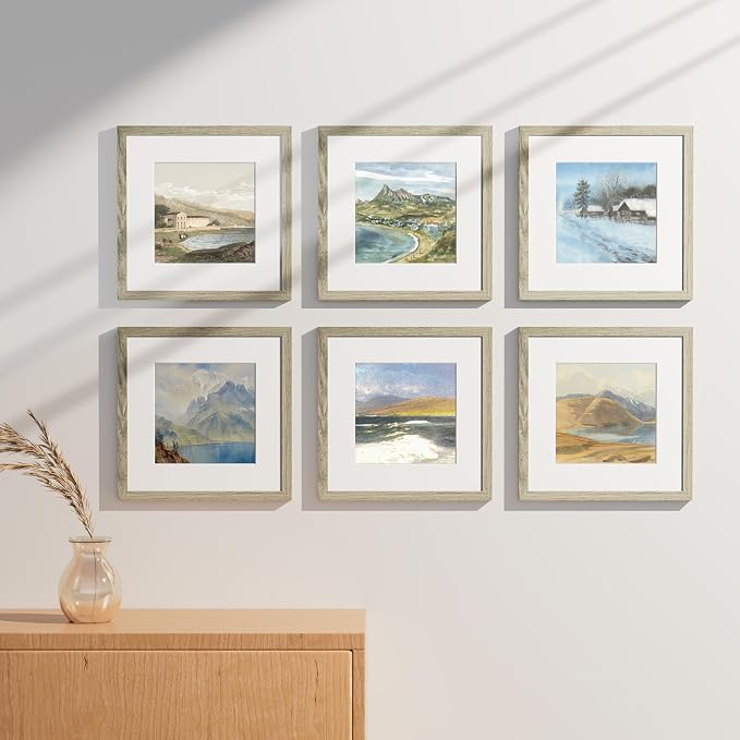 Vittanly 12x12 Picture Frames Set of 9 for Wall Mounting, Driftwood | Display Pictures 8x8 with Mat or 12x12 without Mat for Wall Mounting, Square Photo Frames for Home Decor, Engineered Wood