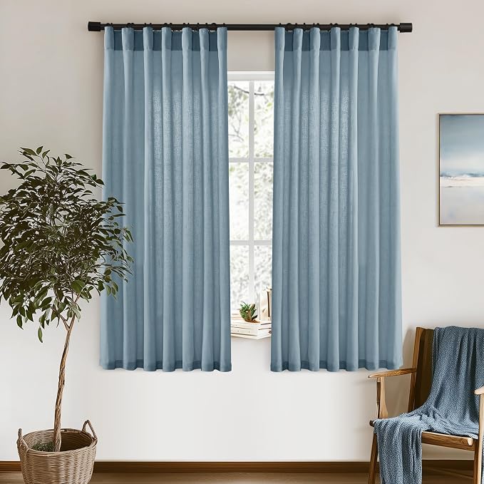 XTMYI Dusty Blue Curtains 63 Inches Long for Bedroom,Light Filtering Country Vintage Hooks Pleated Back Tab Semi Sheer Linen Curtains for Living Room 2 Panels Set,Grey Stone Blue