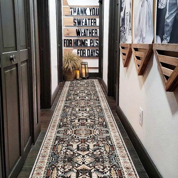 Washable Hallway Runner Rug 2x10: Non-Slip Kitchen Entryway Rugs Indoor Soft Low Pile Stain Resistant Carpet for Bedroom Laundry Ultra-Thin Vintage Home Decor Floor Mat for Bathroom (Black, 2 x 10)