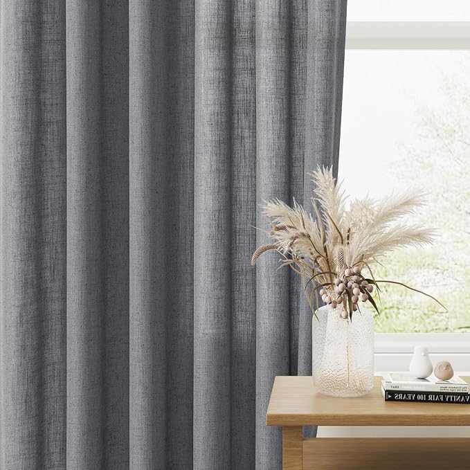 Dark Grey Linen Curtains 84 Inches Long 2 Panel Set Rod Pocket Semi Sheer Dining Room Cozy Bedroom Decor Cotton Look Country Rustic Farmhouse Boho Curtains 52x84