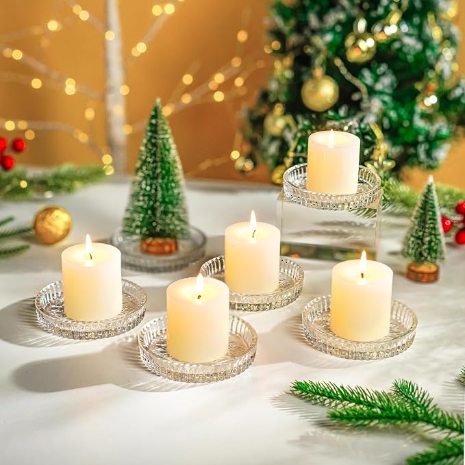 Set of 6 Pillar Candle Holders, 3.5 Inch Glass Candle Plates