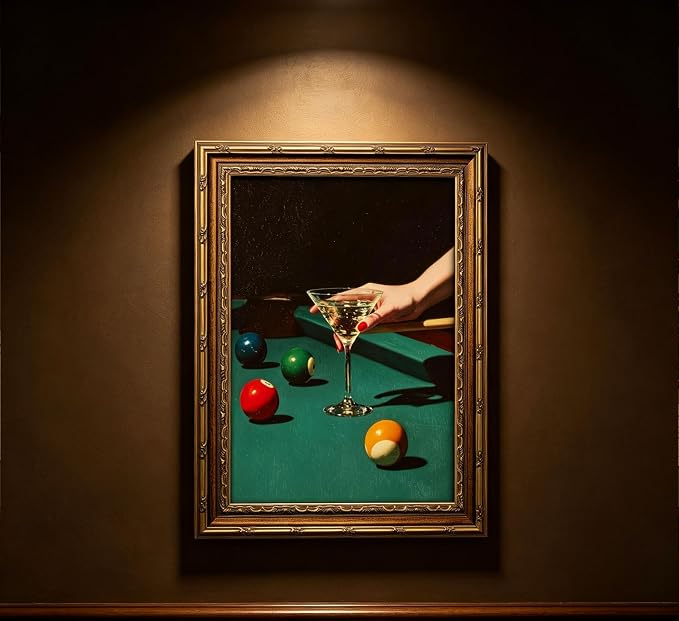 Vintage Gold Framed Bar Wall Art, Retro Dive Bar Martini Pool Oil Painting Canvas Print, Trendy Billiards Cocktail Picture, Lucky 8 Ball Poster Artwork for Tavern Kitchen Dining Room