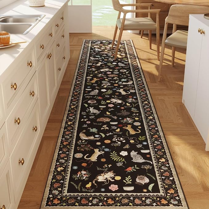 Rugcomf 2'7"x14' Long Hallway Runner Rug - Floral Cat Washable Non Slip Boho Carpet for Kitchen, Entryway, Hall, Bathroom - Black