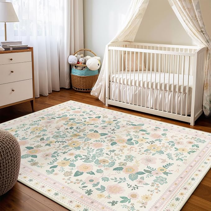 Washable Floral Area Rug for Living Room 8x10 Light Beige | Non-Slip，Vacuum-Friendly, Low Pile, Flower Carpet for Bedroom Kitchen Entryway Dining Room Office Nursery