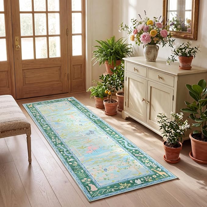 Long Runner Rug for Hallway 2x8 Whimsical Woodland Throw Runner Carpet Non Slip Stain Resistant Nursery Forest Runner Mat Washable Safari Animal Rugs for Living Room Kitchen Bedroom, Teal/Blue