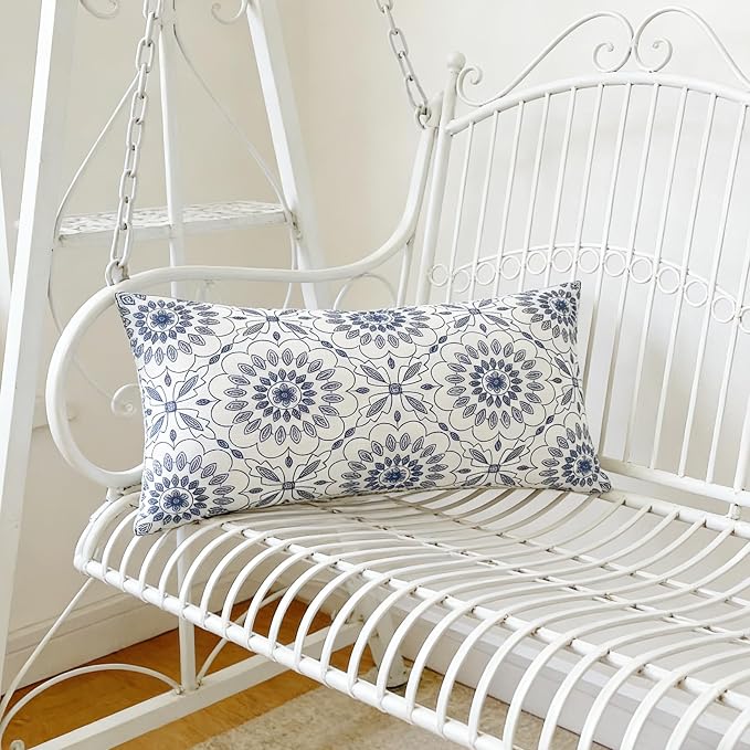 Slow Cow Embroidery Decorative Lumbar Throw Pillow Cover for Couch Sofa Bedroom Geometric Flower Pattern Cushion Cover 12 x 24 Inches Navy Blue