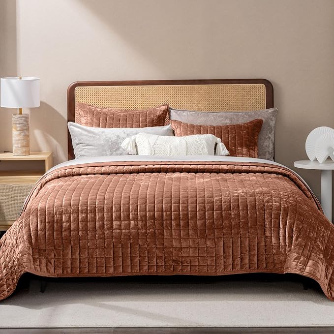 RECYCO Channel Box Stitch Velvet Quilt Set, King Size, Terracotta | Ultra Soft Lightweight Velvet Comforter, Luxury Oversized Bedspread Coverlet, Quilted Bedding Set for All Season with 2 Shams
