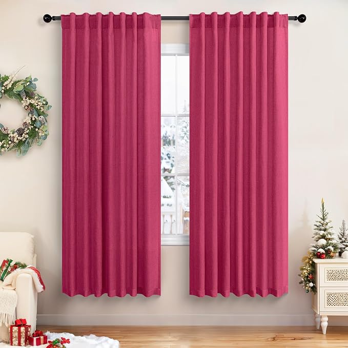 Pitalk Hot Pink Curtains 63 Inch Length for Girls Bedroom 2 Panel Rod Pocket Back Tab Raspberry Fuchsia Curtain for Living Room Dining Room Semi-Sheer Linen Closet Curtain for Closet Door 52x63 Long