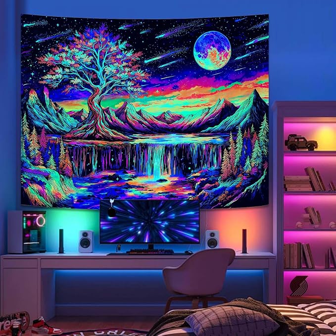 Zussun Blacklight Tree of Life Tapestry UV Reactive Moon Mountain Forest Waterfull Tapestry for Bedroom Aesthetic Nature Small Tapestries Wall Hanging for Dorm Living Room Decor 48 x 36 Inch