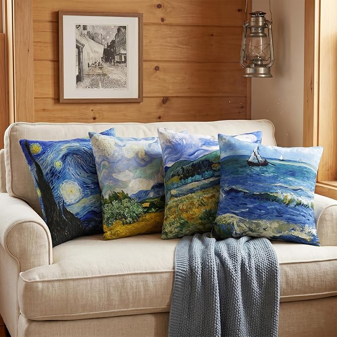 Vincent Van Gogh Pillow Cases Set of 4 Abstract Art Design Cushion Covers Square Decorative Pillow Covers for Famous Painting Fans 18 x 18 Inches