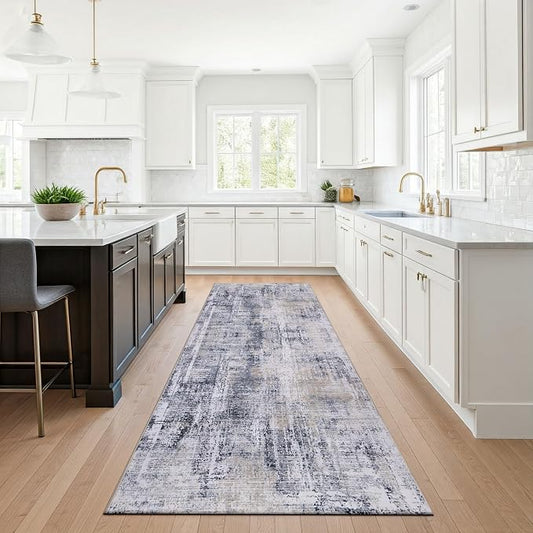 Machine Washable Area Rug, Soft & Durable, Non-Slip, Stain Resistant Rug for Bedroom, Living Room, Dining Room, High Traffic Areas. (Grey/Beige, 2.5' X 10')