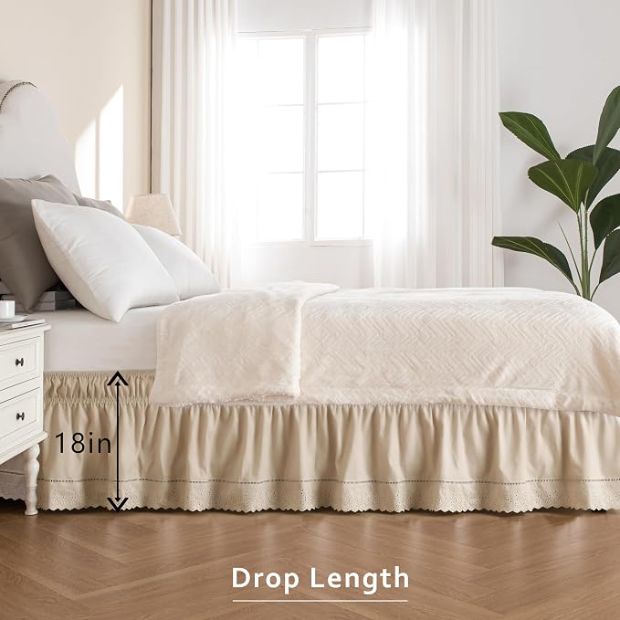 MIYE Wrap Around Ruffled Lace Bed Skirt, Elastic Dust Ruffle with Adjustable Belts, Easy to Put On, Bed Frame Cover, Machine Washable (Embroidered/Beige, Full/Twin-18 Drop)