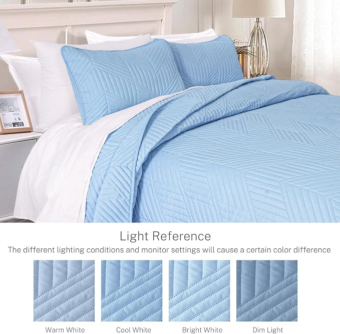 Exclusivo Mezcla Ultrasonic King Quilt Bedding Set, Light Blue | Lightweight Bedspreads, Soft Microfiber, Modern Geometric Coverlet, All Season Bed Cover, 1 Quilt and 2 Pillow Shams