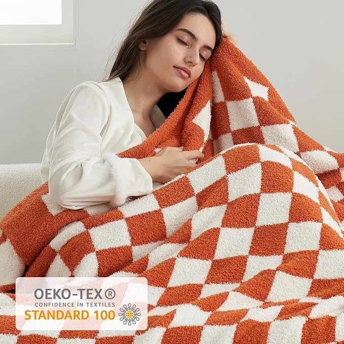 Snuggle Sac Checkered Bedding Blanket Twin Size 60x80, Super Soft, Cozy Warm Knit Blankets, Reversible Breathable Lightweight Fluffy Throws for Travel, Bed, Checkered Burnt Orange, 60x80 Inches