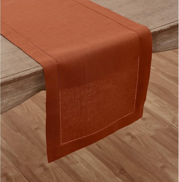 Solino Home 100% Pure Linen Table Runner Cinnamon Hemstitch, 14 x 144 in | Classic Hemstitch, a graceful centrepiece for dining and gatherings, hemstitched border, mitered corners, OEKO-TEX Certified