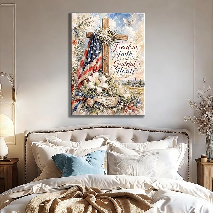 RIBNTAK 4th of July Wall Art Canvas Prints Pictures Patriotic Christian Artwork American Flag Cross Decor Faith Freedom Religious Canvas Art for Living Room Bedroom Office Farmhouse Home Decorations