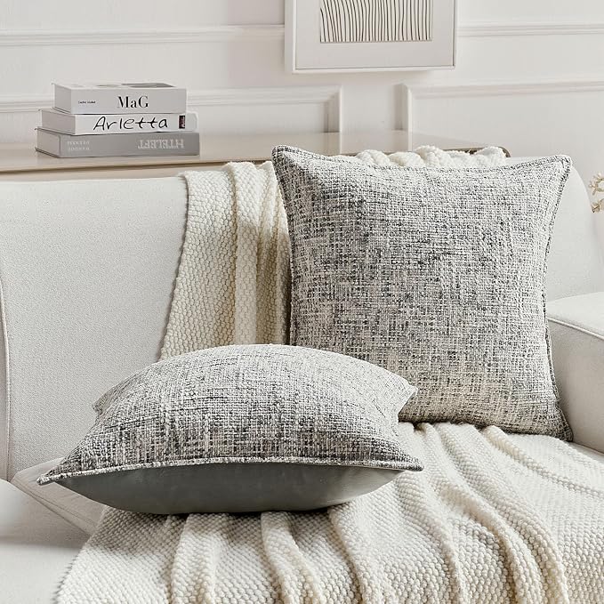 FUTEI Pack of 2 Chenille Tweed Vintage Throw Pillow Covers 22x22 Inch Soft Decorative Cushion Case Modern Farmhouse Accent for Couch Bed Living Room, Black