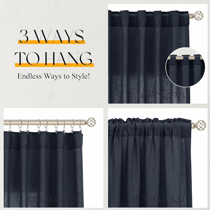 Jowels Retro Blue Linen Curtains 84 Inch Long 2 Panels for Living Room | Light Filtering Semi Sheer Curtain, Back Tab Pocket Pleated Look, Boho Farmhouse Textured Privacy Drapes for Bedroom Window