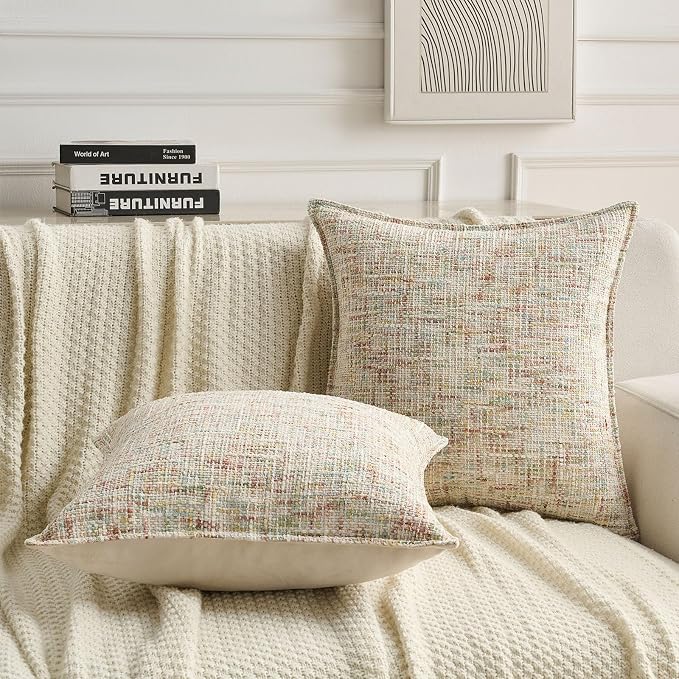 FUTEI Pack of 2 Chenille Tweed Vintage Throw Pillow Covers 26x26 Inch Soft Decorative Euro Pillow Shams Modern Farmhouse Accent for Couch Bed Living Room, Colorful
