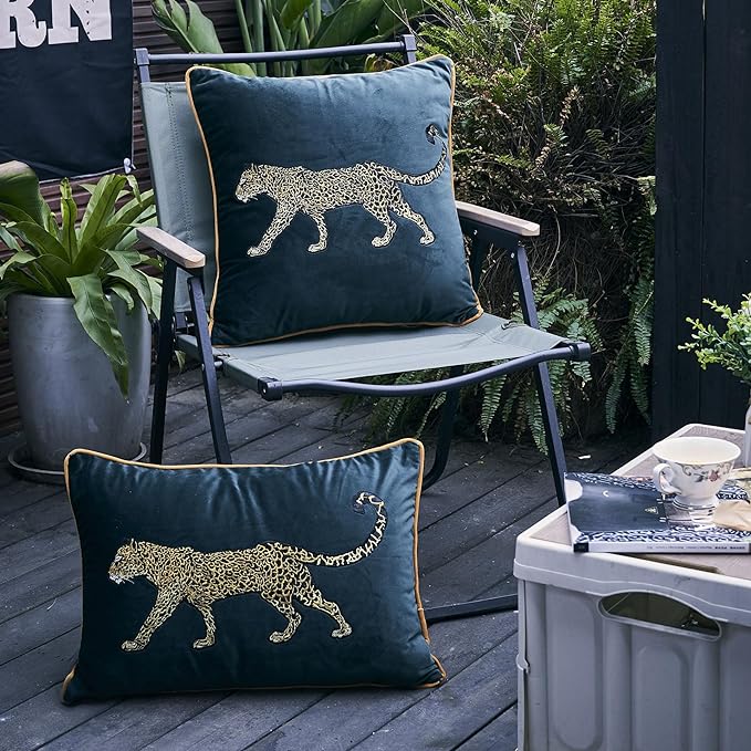 Luxury Embroidery Leopard Throw Pillowcase Gold Embroidered Velvet Cloth Cushion Cover Decorative Leopard Print Cheetah Pillows Case for Preppy Stuff Room 1PCS (14"x20"Color-1)