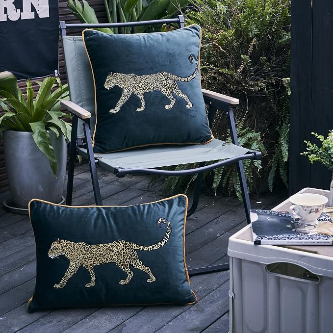 Luxury Embroidery Leopard Throw Pillowcase Gold Embroidered Velvet Cloth Cushion Cover Decorative Leopard Print Cheetah Pillows Case for Preppy Stuff Room 1PCS (Color-1)