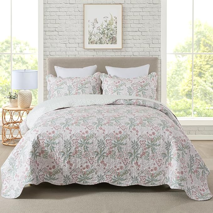 Travan Lightweight Coverlet Set 3-Piece Bedspread Quilt Set Garden Style Floral Printed Oversized Quilted Bedding Set with Shams for All Season, Exquisite, King Size