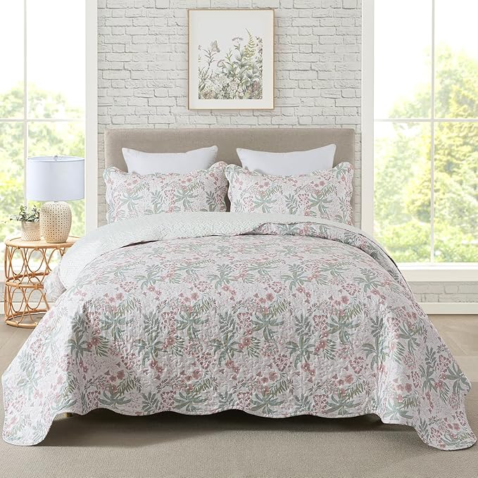 Travan Lightweight Coverlet Set 3-Piece Bedspread Quilt Set Garden Style Floral Printed Oversized Quilted Bedding Set with Shams for All Season, Exquisite, Queen Size