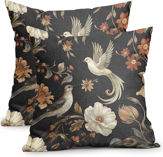 Kawani Vintage Floral Pillow Covers 16x16 Inch Set of 2 Black Chinoiserie Flower and Bird Outdoor Decorative Throw Pillows Retro Rustic Pillowcases Farmhouse Cushion Covers for Couch Home Decor