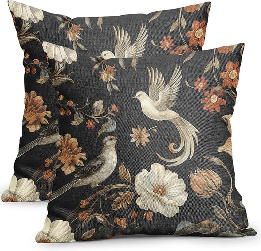 Kawani Vintage Floral Pillow Covers 16x16 Inch Set of 2 Black Chinoiserie Flower and Bird Outdoor Decorative Throw Pillows Retro Rustic Pillowcases Farmhouse Cushion Covers for Couch Home Decor