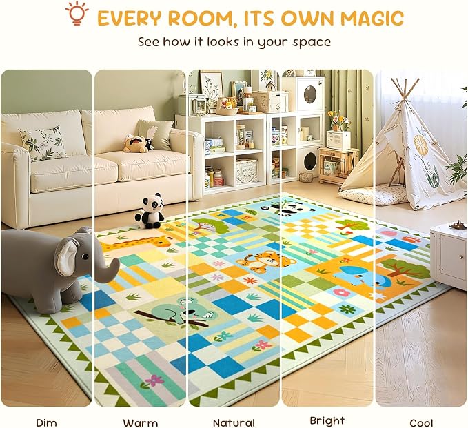 4x6 Soft Washable Playroom Rug, Non-Slip Green Safari Jungle Animal Area Rug, Cute Colorful Checkered Woodland Carpet for Girls Bedroom Decor