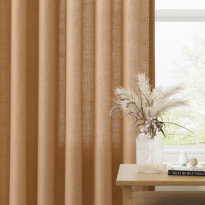 Camel Brown Linen Curtains 84 Inches Long 2 Panel Set Rod Pocket Semi Sheer Dining Room Cozy Bedroom Decor Cotton Look Country Rustic Farmhouse Boho Curtains 52x84