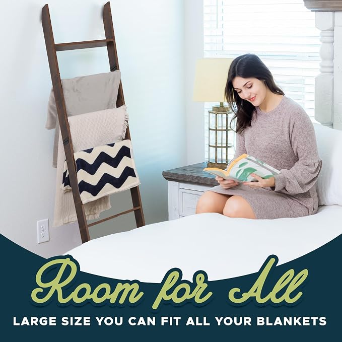 Blanket Ladder for the Living Room and Bedroom, Quilt Rack, Rustic Hickory | 5ft 8 inch, 6-Tier Wall Leaning Blanket Holder, Laminate Snag Free, Rustic Decorative Farmhouse Ladder Shelf for Blankets