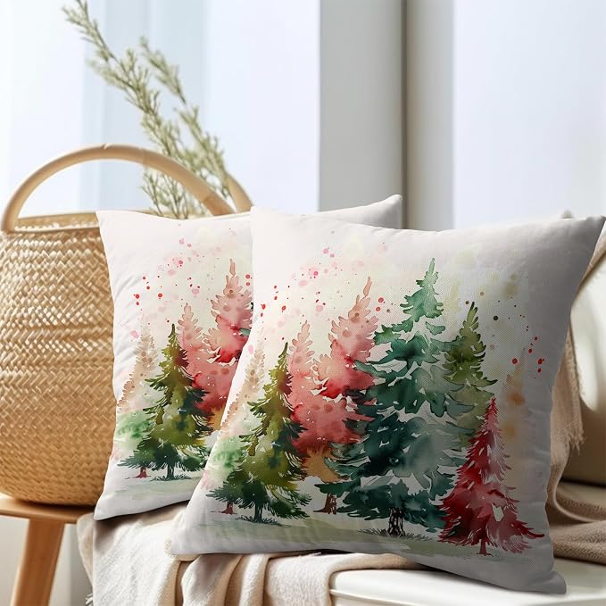 Christmas Tree Outdoor Throw Pillow Cover 18x18 Inch Set of 2 Winter Colorful Pine Tree Cushion Covers Xmas Holiday Theme Accent Pillowcase for Home Bedroom Sofa Patio