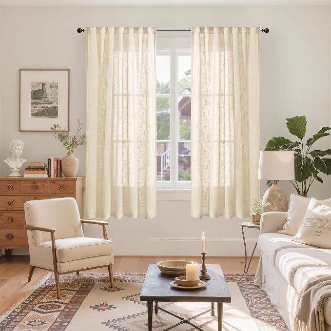 YoungsTex Natural Linen Semi Sheer Curtains 63 Inch Length, Light Filtering Drapes Textured with Rod Pocket Back Tab for Bedroom Living Room Window Lightweight, 2 Panels, 42 X 63 Inch