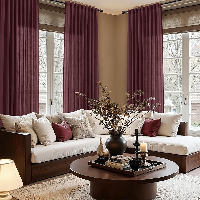 Extra Long Linen Curtains 108 Inches for Living Room Back Tab Semi Sheer High Floor to Ceiling 9ft Light Filtering Curtain Boho Farmhouse Decor Window Drapes for Bedroom 2 Panels Burgundy
