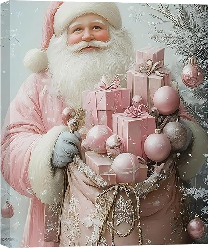 Pink Christmas Canvas Wall Art 16x24, Santa Elegant Pictures for Girls Bedroom And Festive Party Wall Decorations, Christmas Gift for Womens, Framed Painting Ready to Hang