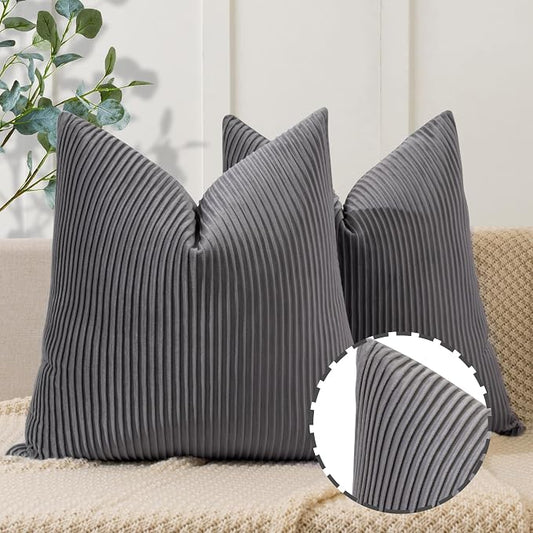 YCOLL Gray Pillow Covers 22x22 Set of 2 Velvet Striped Pattern - Soft Throw Pillows for Home Decor, Luxury Decorative Pillow Covers for Couch, Bed,Living Room