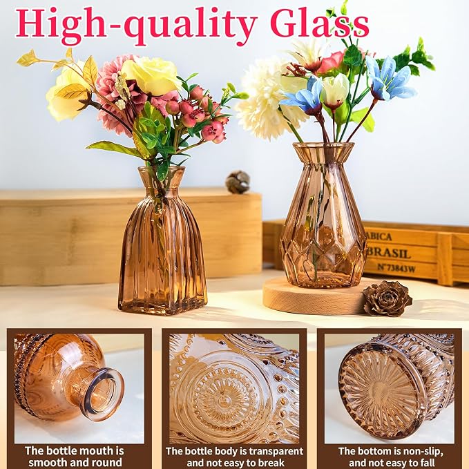 Gold Amber Glass Bud Vase Set of 12, Small Vintage Flower Bottle Petite Glass Flower Vase for Floral Arrangements, Decorative Centerpiece,Table Decor,Home Wedding Party