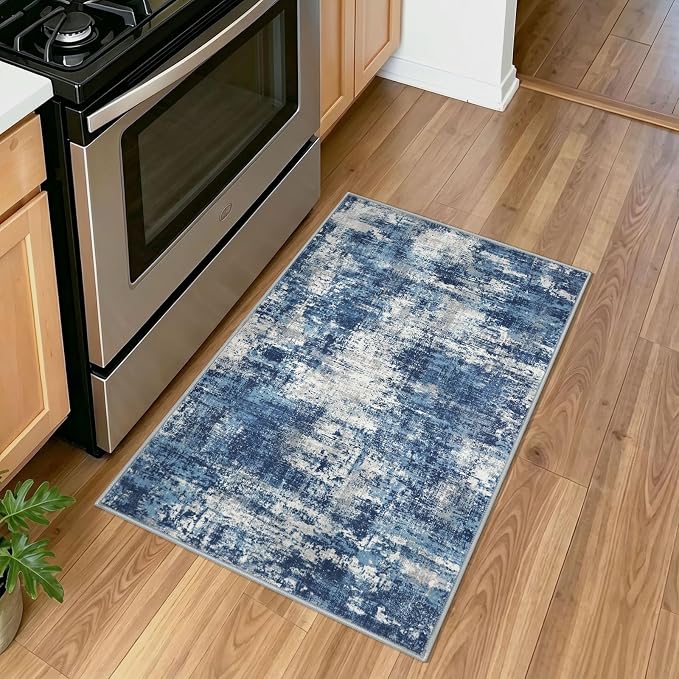 Lansny Abstract Washable Entryway Rug 2x3 Area Rug Small Non Slip Door Mat | Blue;Thin Printed Faux Wool Kitchen Rug;Door Mat;Small Rugs;Front Door Rug;IndoorEntry Rugs;Rubber Backed Foyer Floor Carpet