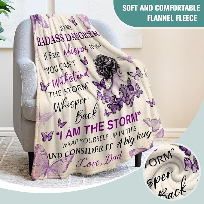 Jekeno Daughter Gifts Blanket from Dad Storm Quote Purple Butterfly Blanket | 50x60 Inch Flannel Daughter Blanket Gifts For Christmas Birthday Graduation Women Girls Daughter