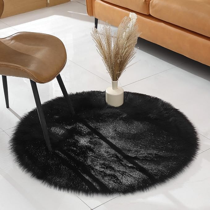 linmopm Faux Fur Sheepskin Rug, Black, 3x3 ft, Round | Shag Fluffy Fuzzy, High-Density Cushion, For Bedroom Bedside Living Room, Plush Carpet, Sofa Cover