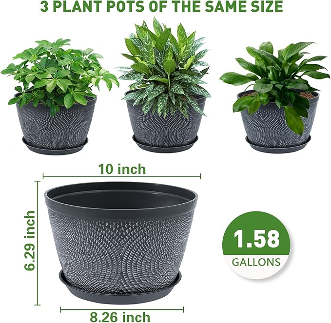 Quarut Flower Pots for Outdoor,Plastic Plant Pots with Drainage Hole & Tray | Durable and Odorless，Modern Decorative Garden Pot with Saucer, 10 Inch 3 Pack planters for Ourdoor Indoor House (Gray)