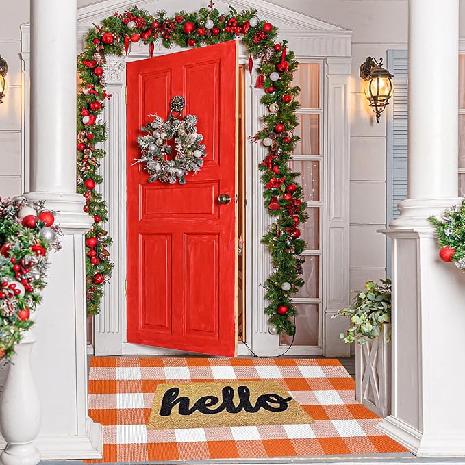SEEKSEE Buffalo Plaid Outdoor Rug 27.5x43 Orange and White Front Door Mat, Layering Rug for Porch, Halloween Doormat, Front Porch Rug for Outdoor Entrance Entryway Patio Porch Decor