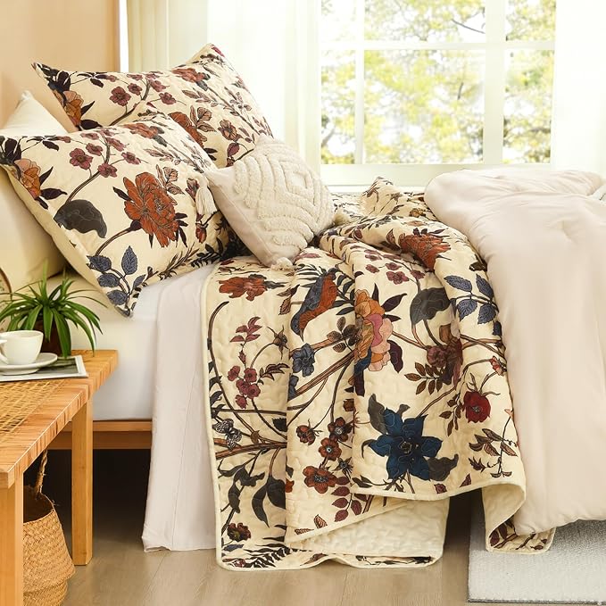 Litanika Floral Beige Quilt King - 3Pcs Botanical Birds Pattern Bed Set | Bedspread Summer Lightweight Soft Coverlet with Orange Flower for All Seasons(106"x96")