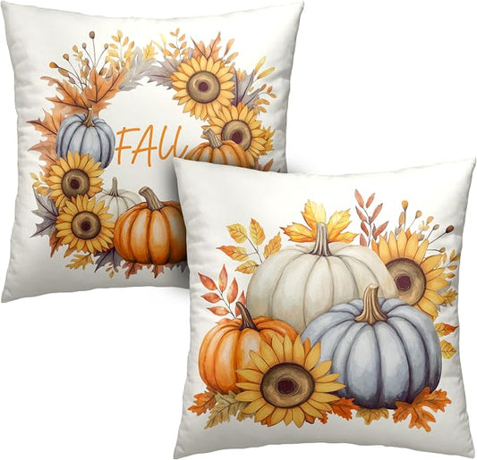 Fall Pillow Covers 24x24 Set of 2 Colorful Pumpkin Sunflower Wreath Throw Pillow Covers Autumn Harvest Pillow Case Thanksgiving Cushion Case for Home Decor Couch Sofa