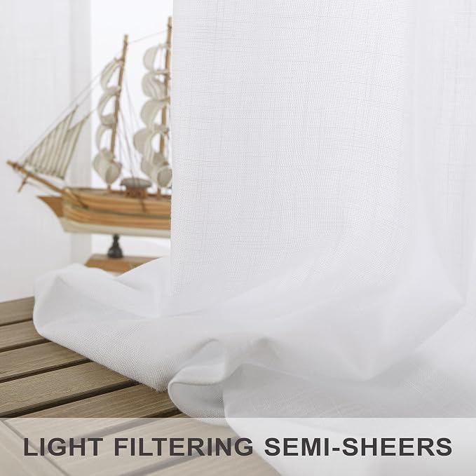 White Linen Curtains 84 Inch Length for Living Room 2 Panel Back Tab Loop Pocket Drape Cotton Textured Light Filtering Semi Sheer Lightweight Curtain for Bedroom Boho Rustic Farmhouse Decor 52x84 Long