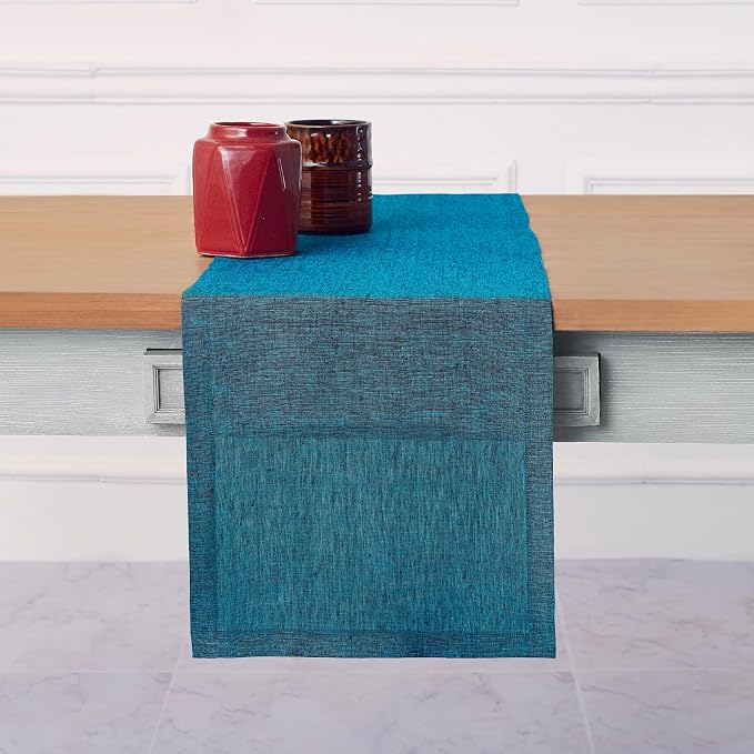 Solino Home 100% Pure Linen Dining Table Runner Teal, Athena 14 x 144 in | dresses up dining tables for everyday meals, European flax fibres, machine washable, Chambray Teal, soft, OEKO-TEX Certified